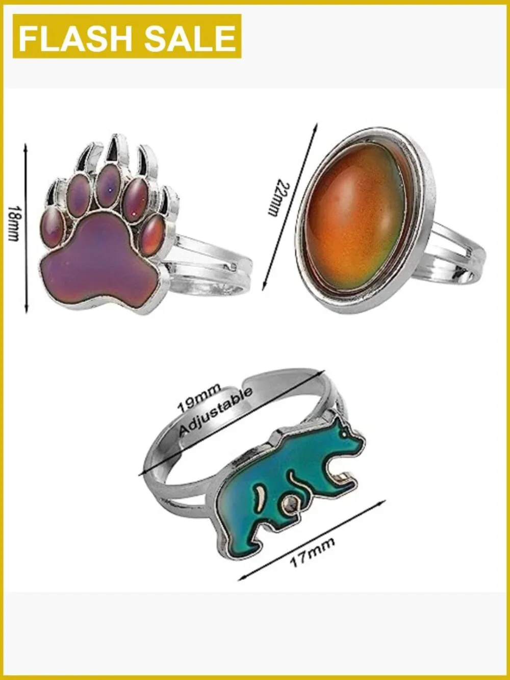 Adjustable Mood Ring Set - 3pcs Bear Paw Rings